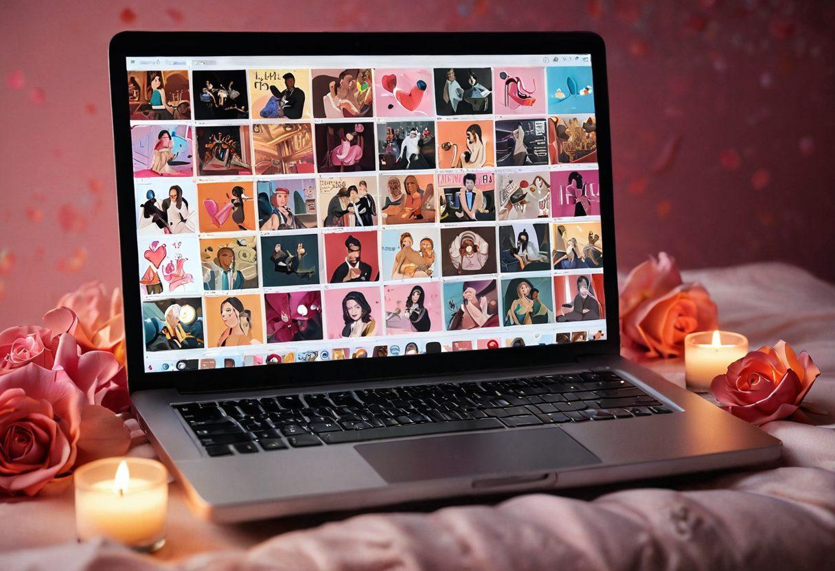 An artistic depiction of an open laptop displaying various explicit video thumbnails, surrounded by artistic representations of different adult entertainment genres, like romantic, playful, and adventurous. Soft ambient lighting casts intriguing shadows, hinting at a private viewing experience. Incorporate sensual elements like silk sheets and rose petals in the background, creating an inviting atmosphere. The focus remains tasteful and classy, reflecting the diversity of adult content. digital art. vibrant colors. soft focus.