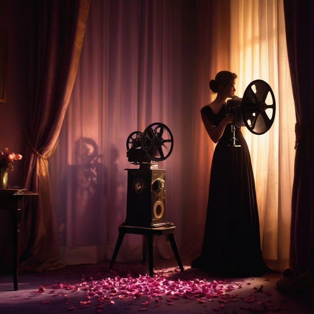 An artistic representation of a vintage film projector casting alluring shadows on a velvet curtain, surrounded by soft candlelight. The scene includes scattered rose petals and a silhouette of a couple enjoying a sensual moment in the background. A dreamy, ethereal atmosphere with hints of purple and gold accents. painting. vibrant colors. romantic mood.